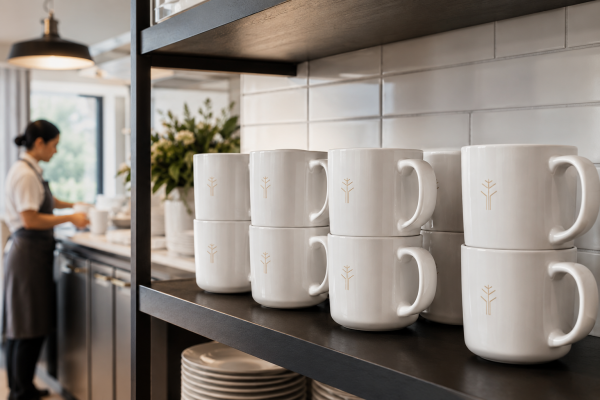 A close-up of a durable, custom-branded ceramic mug in a hotel room setting.