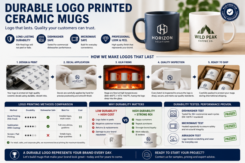 Durable Logo Printed Ceramic Mugs Close-up of a high-quality logo printed on a ceramic mug