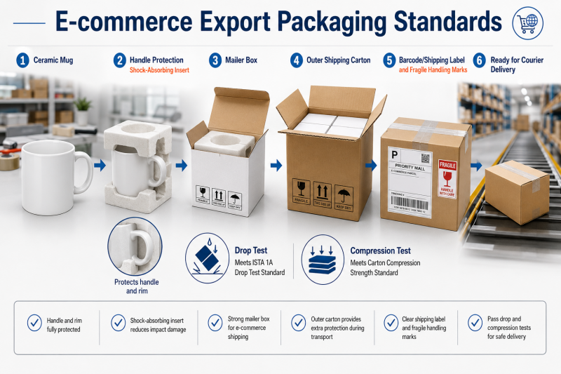 E-commerce Export Packaging Standards A ceramic mug in secure e-commerce packaging designed to pass a drop test