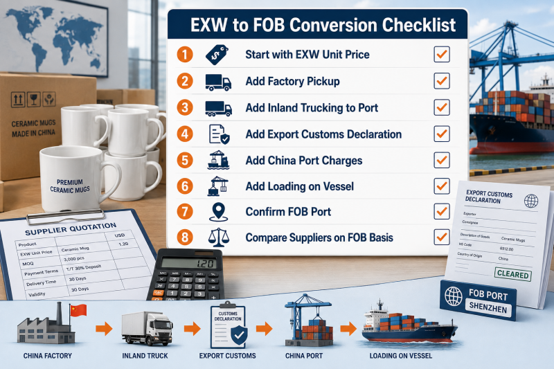EXW to FOB Conversion Checklist A checklist for converting an EXW price to an FOB price, a key step in finding the landed cost for mug imports