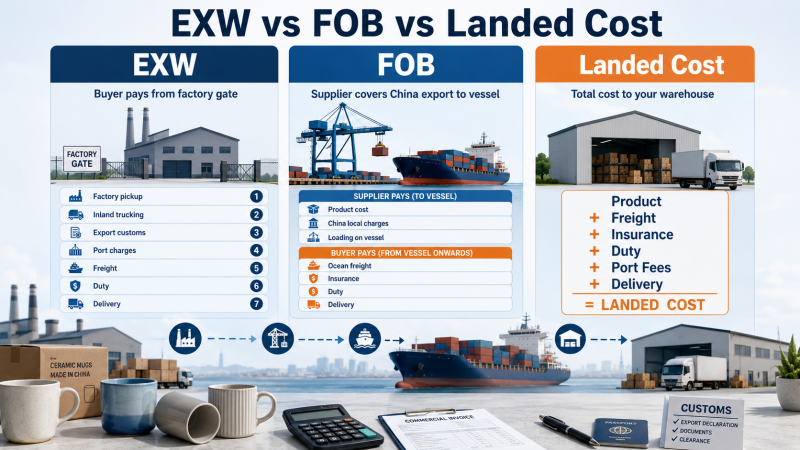 EXW vs FOB vs Landed Cost Diagram showing the cost components from EXW to FOB to the final landed cost for mug imports