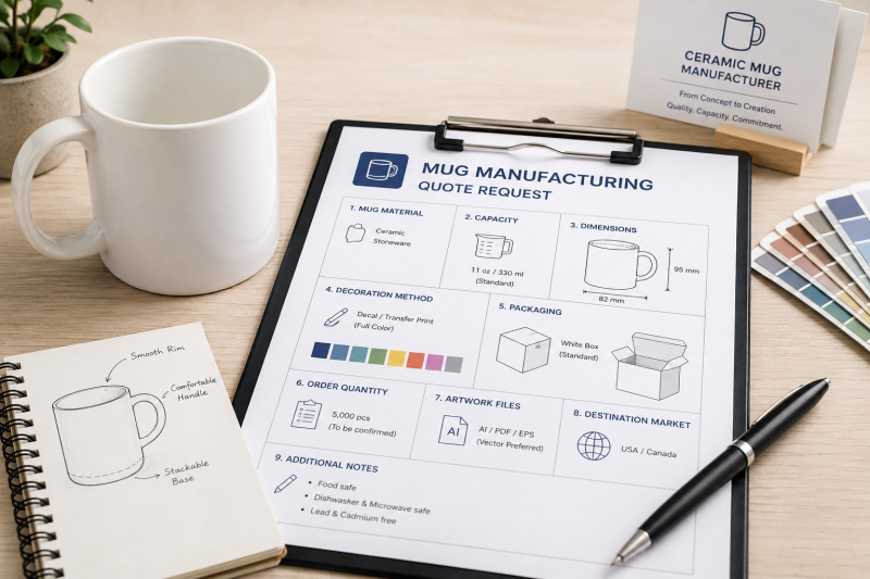 Elements of a complete mug manufacturing quote request A detailed specification sheet for a mug manufacturing quote next to a ceramic mug