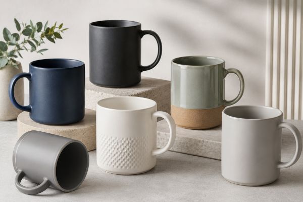 A collection of modern corporate mugs showcasing matte and textured finishes in 2026
