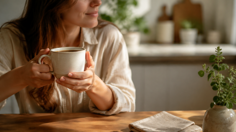 Enjoying a Sustainably Made Mug A person smiling while drinking coffee from a stylish ceramic mug in a sunlit kitchen, representing the positive consumer feeling associated with a sustainable purchase.