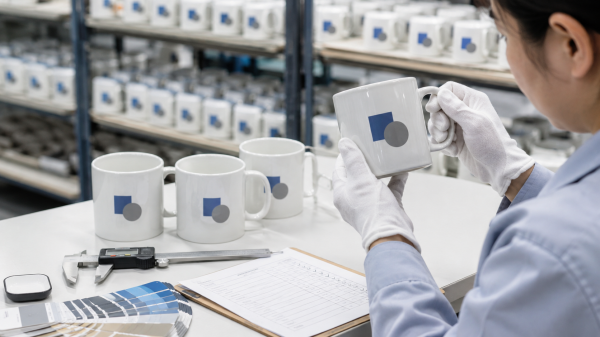 A hand inspecting a custom logo ceramic mug part of a promotional drinkware order