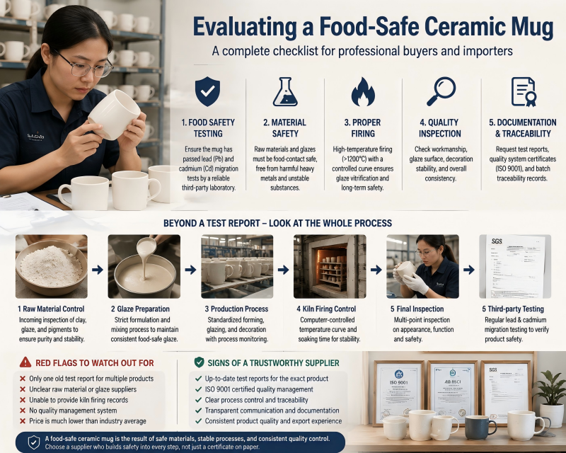 A close-up of a high-quality food-safe ceramic mug being inspected for flaws