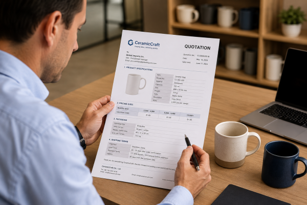 A procurement manager carefully reviewing a detailed quotation from a potential long-term mug manufacturing partner.