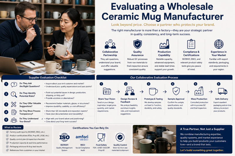 Two professionals in a meeting, one pointing to a ceramic mug prototype while the other takes notes, showing collaborative evaluation.