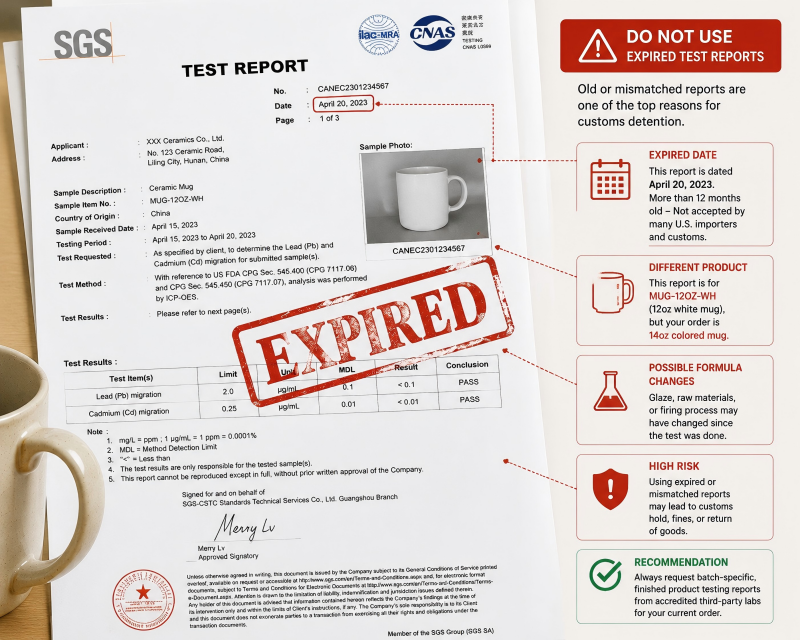 A close-up of a ceramic mug lead cadmium testing report with an 'Expired' stamp on it