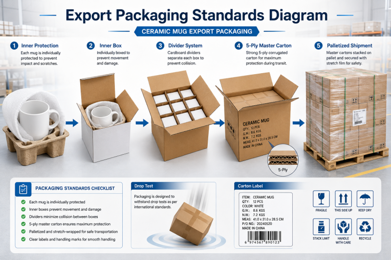 Export Packaging Standards Diagram A diagram explaining export packaging standards with inner and outer boxes for a ceramic mug