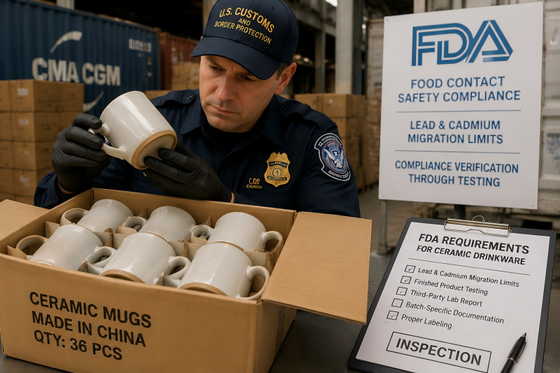 A customs officer inspecting a box of ceramic mugs, representing FDA requirements for ceramic drinkware
