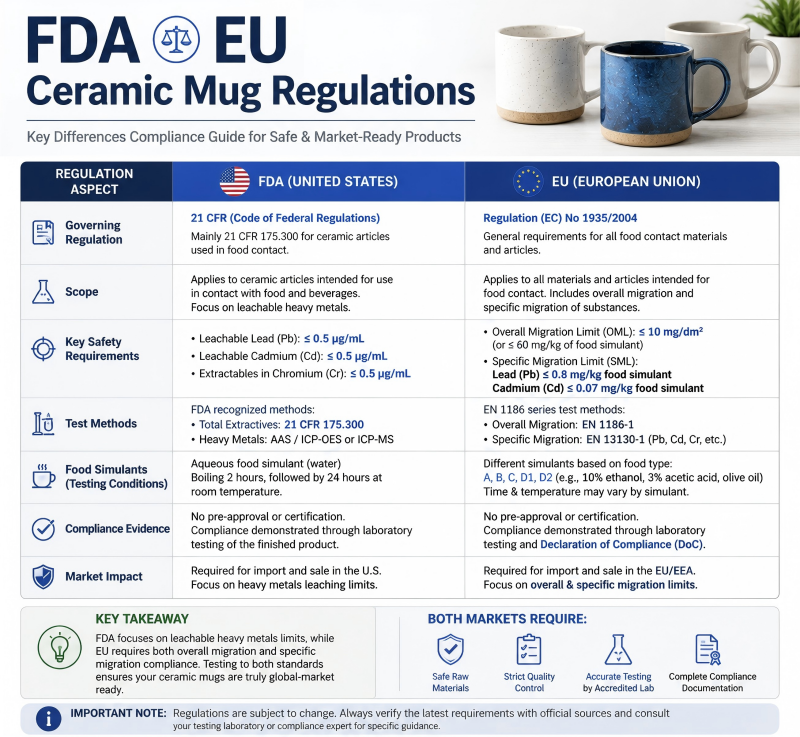 FDA vs EU Ceramic Mug Regulations A graphic comparing US and EU flags over a stack of ceramic mugs, illustrating different testing requirements