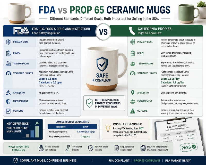 FDA vs Prop 65 Ceramic Mugs A chart comparing the strictness of FDA vs Prop 65 ceramic mugs limits for lead and cadmium.