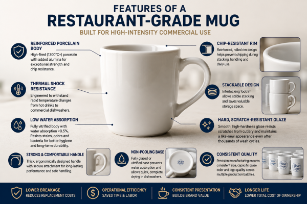 Features of a Restaurant-Grade Mug A close-up of a high-quality restaurant-grade mug, highlighting its thick, chip-resistant rim and smooth glaze.