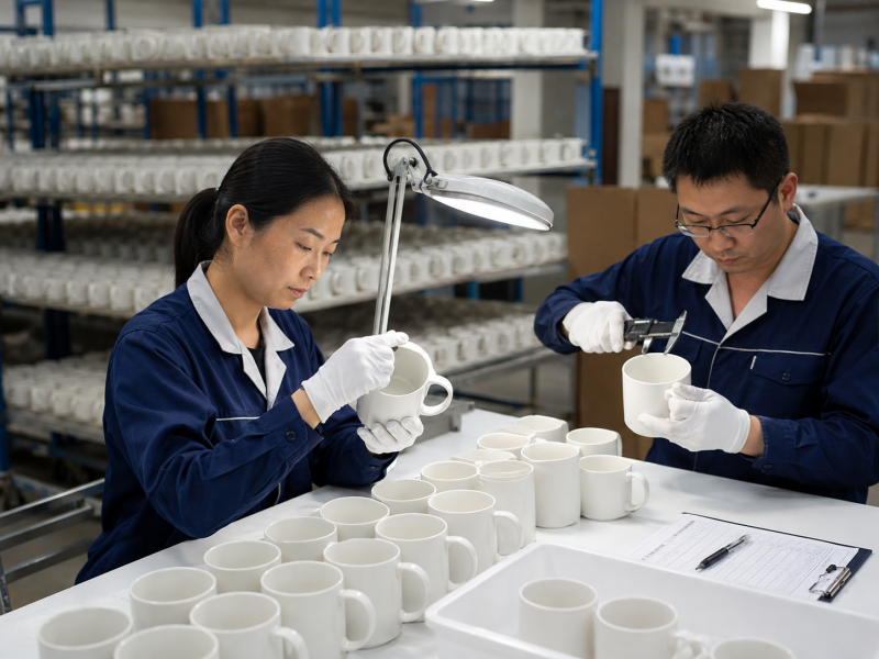 Final Mug Factory Inspection A quality control inspector conducting a final mug factory inspection on a finished ceramic mug.