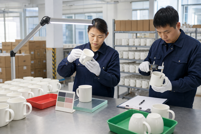 A quality control inspector carefully performing a finished ceramic mug inspection, comparing it against a master sample.