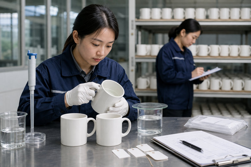 A collection of finished, food-safe ceramic mugs, showcasing a clean, consistent glaze finish.
