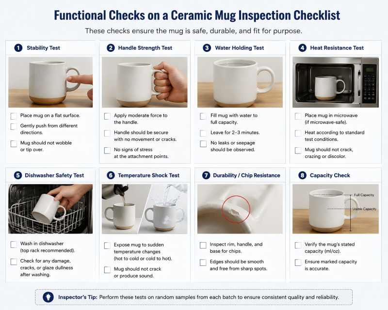 An inspector measuring the dimensions of a ceramic mug against the specs on a ceramic mug inspection checklist