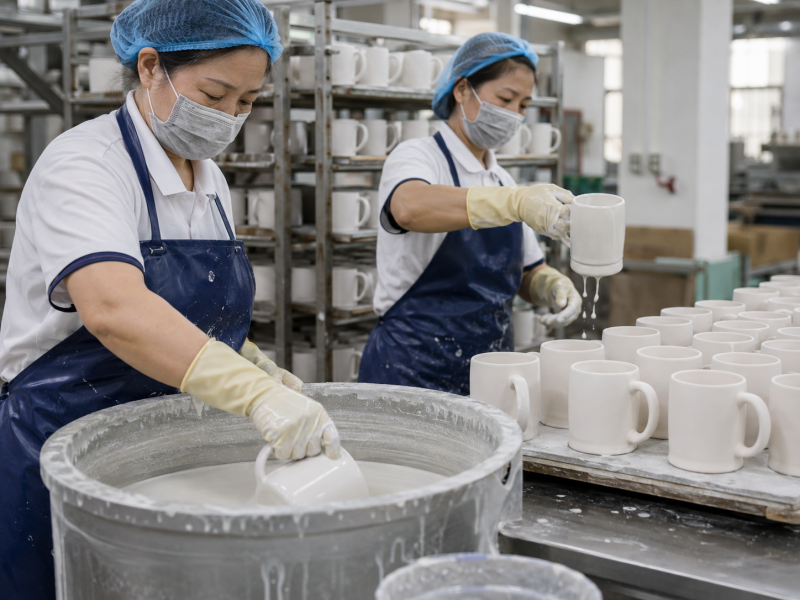 Glazing Mugs in the Manufacturing Process A factory worker carefully applying glaze to a batch of bisque-fired mugs.