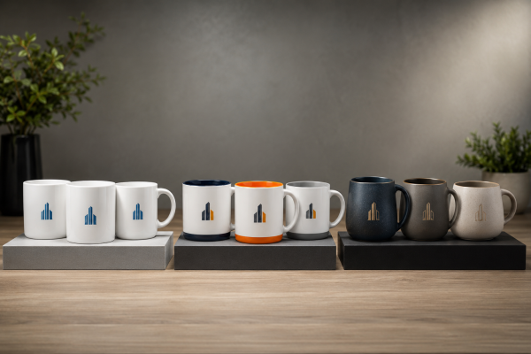 Good-Better-Best Branded Mugs A table display showing three tiers of corporate branded mugs: a basic, a standard, and a premium option.