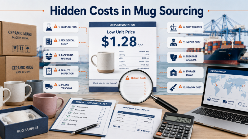 Hidden Costs in Mug Sourcing An iceberg with the visible unit price on top and hidden EXW-to-FOB costs underwater, illustrating the hidden fees in calculating landed cost for mug imports