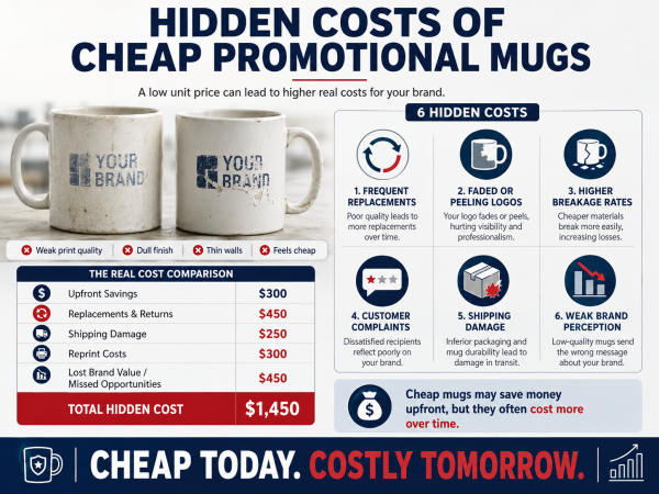 Hidden Costs of Cheap Promotional Mugs A broken ceramic mug next to a pristine one, illustrating the hidden cost of poor quality.
