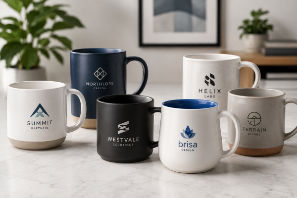 High-Quality Branded Mugs for Businesses A collection of high-quality branded mugs with different logos and finishes.