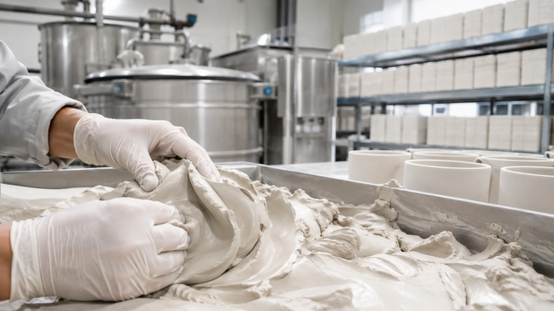 High-Quality Clay for Mug Production A pile of high-quality clay ready for the ceramic mug manufacturing process.