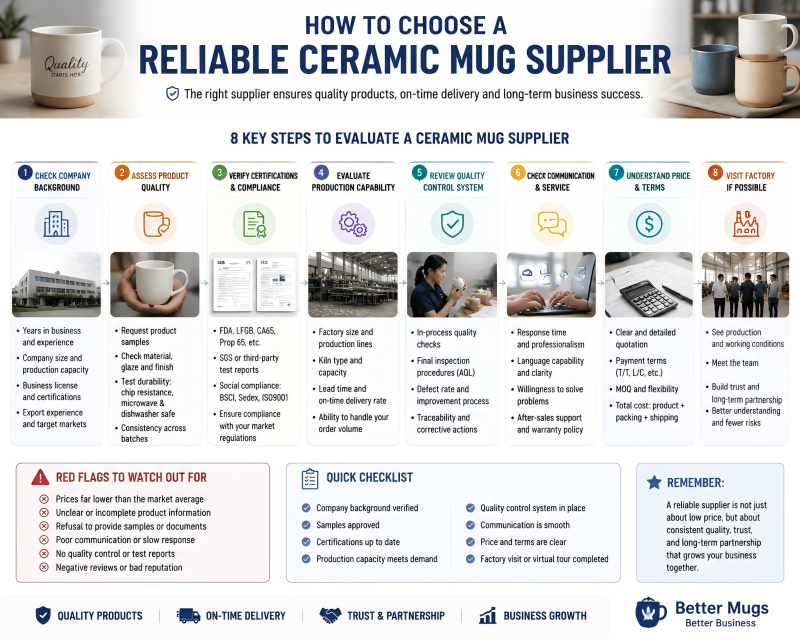 How to Choose a Reliable Ceramic Mug Supplier A buyer and a factory manager reviewing a quality control checklist together in a well-lit meeting room.