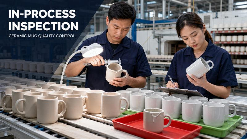 In-process ceramic mug inspection An inspector measuring the dimensions of a bisque-fired mug before it proceeds to the glazing stage.