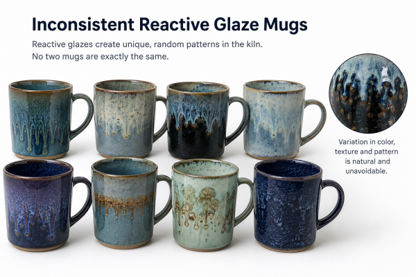 A photo showing the high variation in reactive glaze mugs, a risky choice for corporate orders