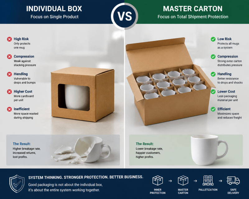 A single ceramic mug box next to a large master carton, illustrating a fragile product packaging solution