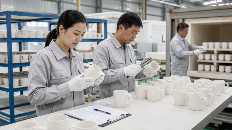 A detailed view of the ceramic mug production process inside a professional factory.