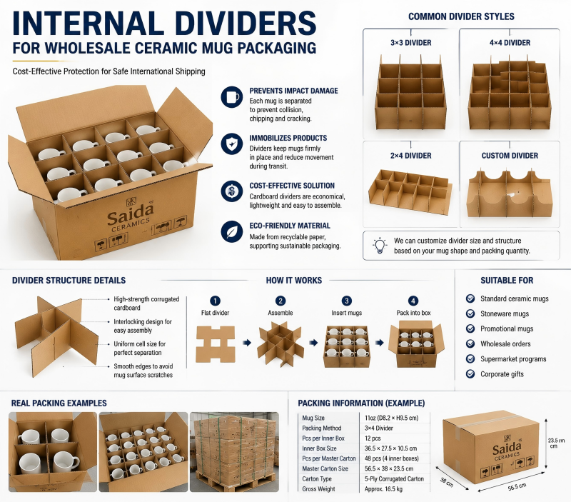 Close-up of the internal structure of wholesale ceramic mug packaging, showing cardboard dividers separating each mug.