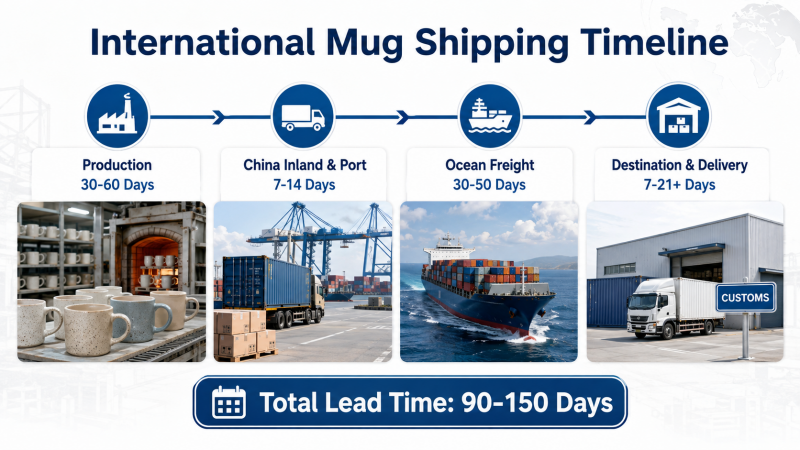International Mug Shipping Timeline A container ship on the ocean, representing the international mug shipping process.