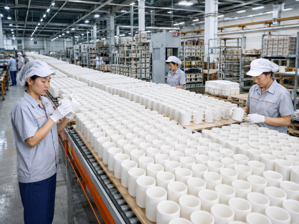 A manager overseeing a large volume mug order in a ceramic factory