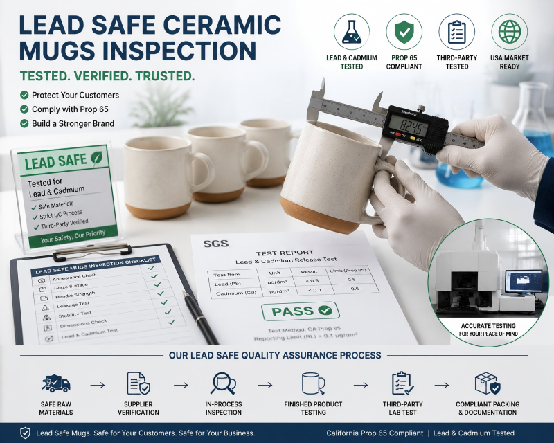 Lead Safe Ceramic Mugs Inspection A quality control inspector checking a batch of lead safe ceramic mugs in a factory.