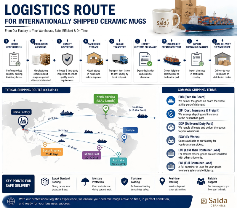 A world map illustrating the complex logistics journey of ceramic mugs packed for international shipping, with lines connecting China to the Americas.