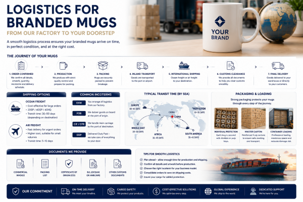 Logistics for Branded Mugs A shipping container being loaded, representing the logistics of sourcing branded mugs