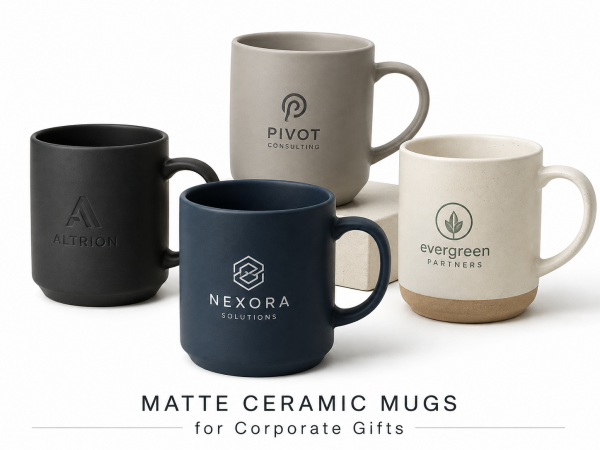 A close-up of a matte black ceramic mug perfect for corporate gifts