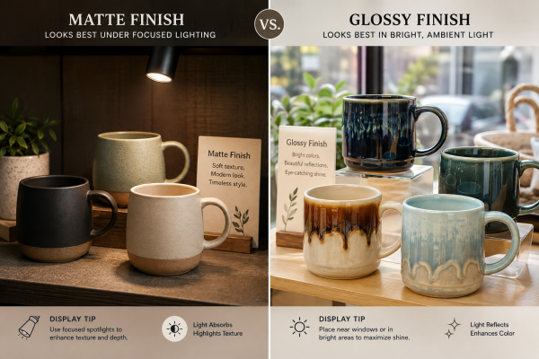 A side-by-side comparison of a matte mug under a spotlight and a glossy mug near a window.
