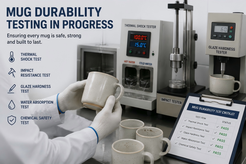 A lab technician performing a mug durability test on a ceramic mug.