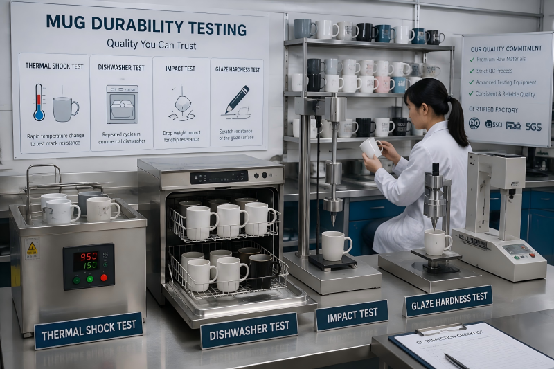 A quality control expert examining a ceramic mug for flaws after a mug durability test.