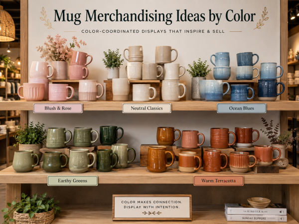 A close-up of mugs grouped by color on a wooden retail shelf.