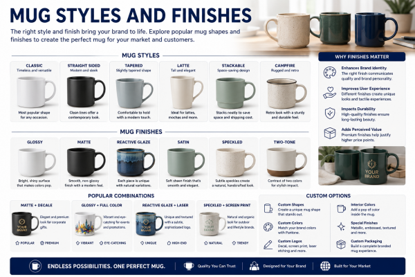 Mug Styles and Finishes A lineup of mugs in different shapes and finishes: matte, glossy, two-tone, and speckled.