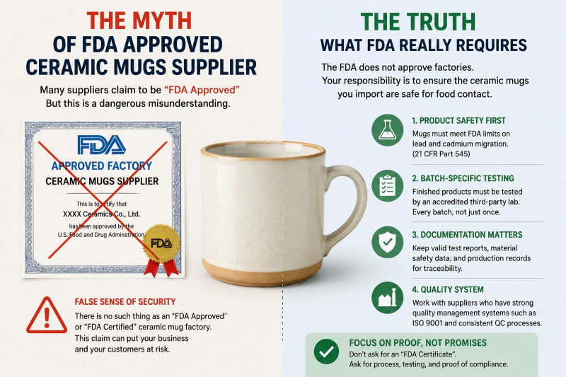 A graphic showing a red X over a fake 'FDA Approved Factory' certificate for ceramic mugs