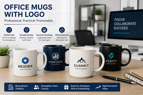 Office Mugs with Logo A classic white office mug with a company logo, ideal for corporate branding