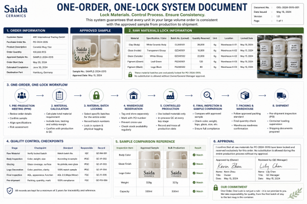 A signed document locking in the raw material batch for a large volume mug order