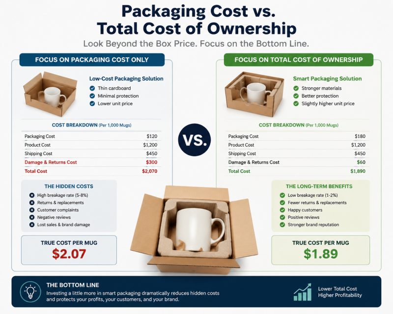 An infographic comparing upfront packaging cost vs. total cost of ownership including breakage