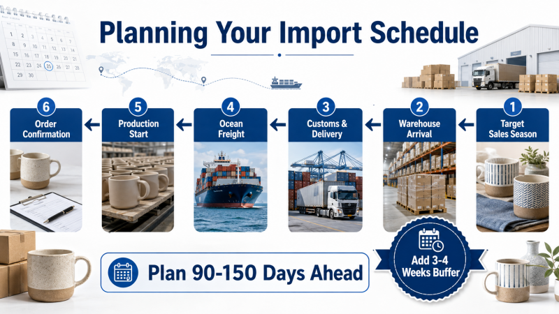 Planning Your Import Schedule A business owner planning their international mug shipping schedule on a calendar.